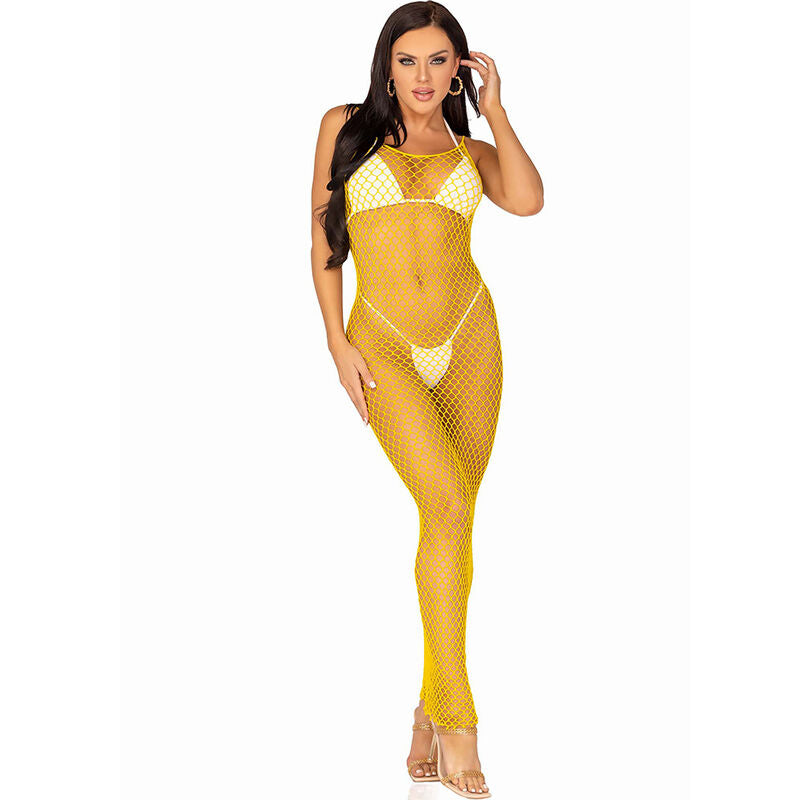 Leg Avenue Long Net Dress Amarillo - Vestido de Red Fishnet
