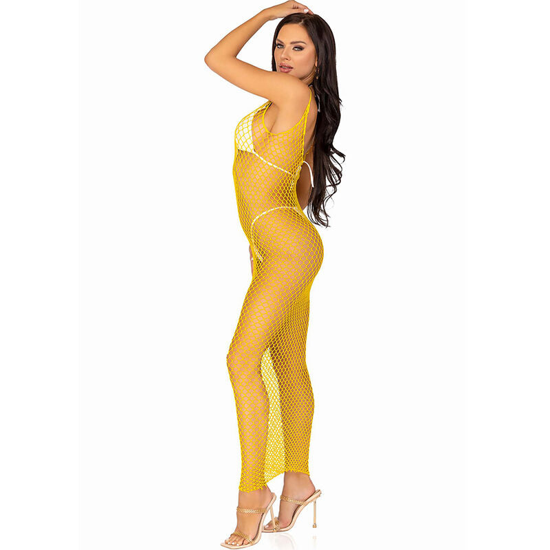 Leg Avenue Long Net Dress Amarillo - Vestido de Red Fishnet