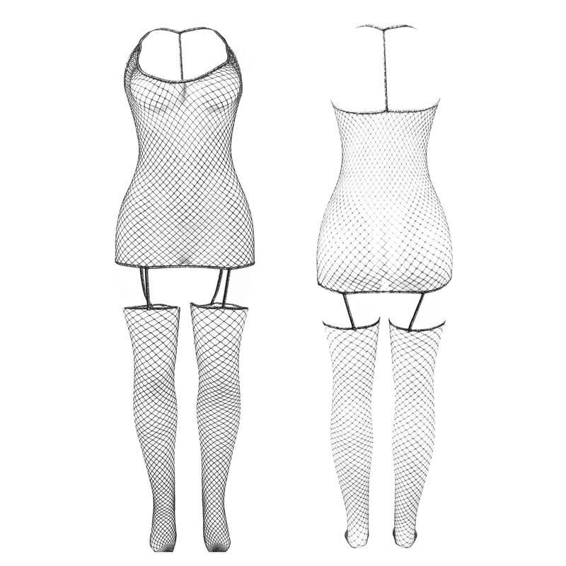 Subblime Shiny Fishnet Bodystocking One Size - Halter Negro