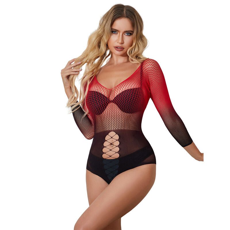 Vestido Fishnet Elástico Manga Larga Degradado Rojo y Negro Subblime