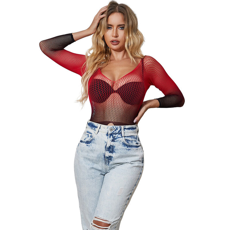 Vestido Fishnet Elástico Manga Larga Degradado Rojo y Negro Subblime