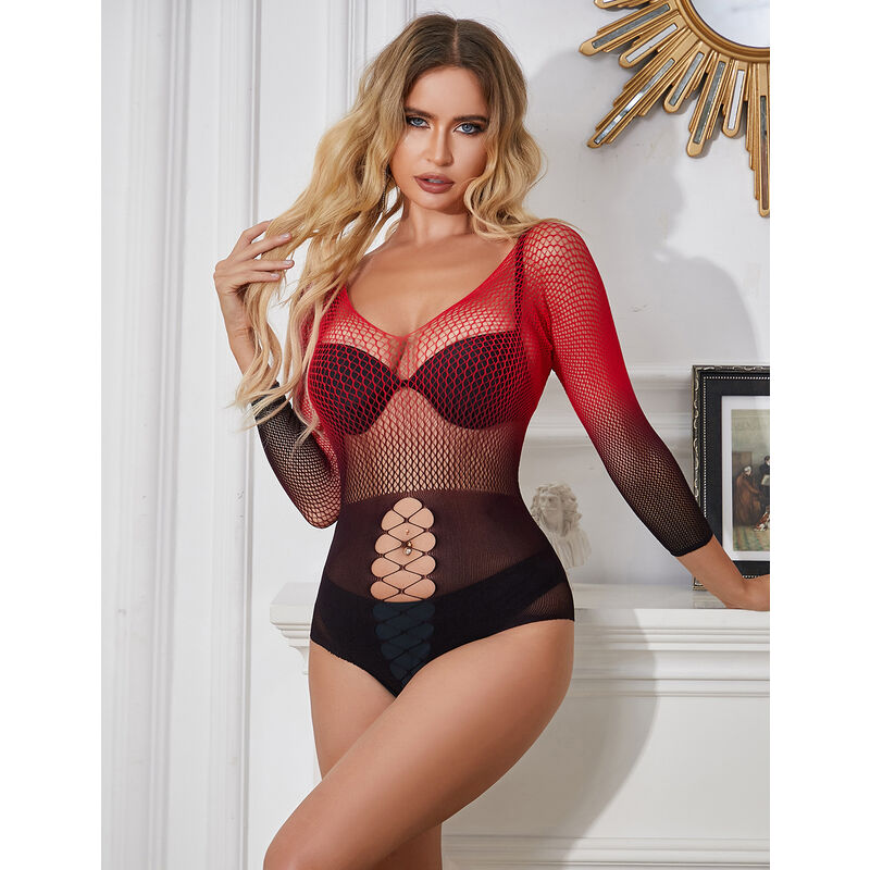 Vestido Fishnet Elástico Manga Larga Degradado Rojo y Negro Subblime
