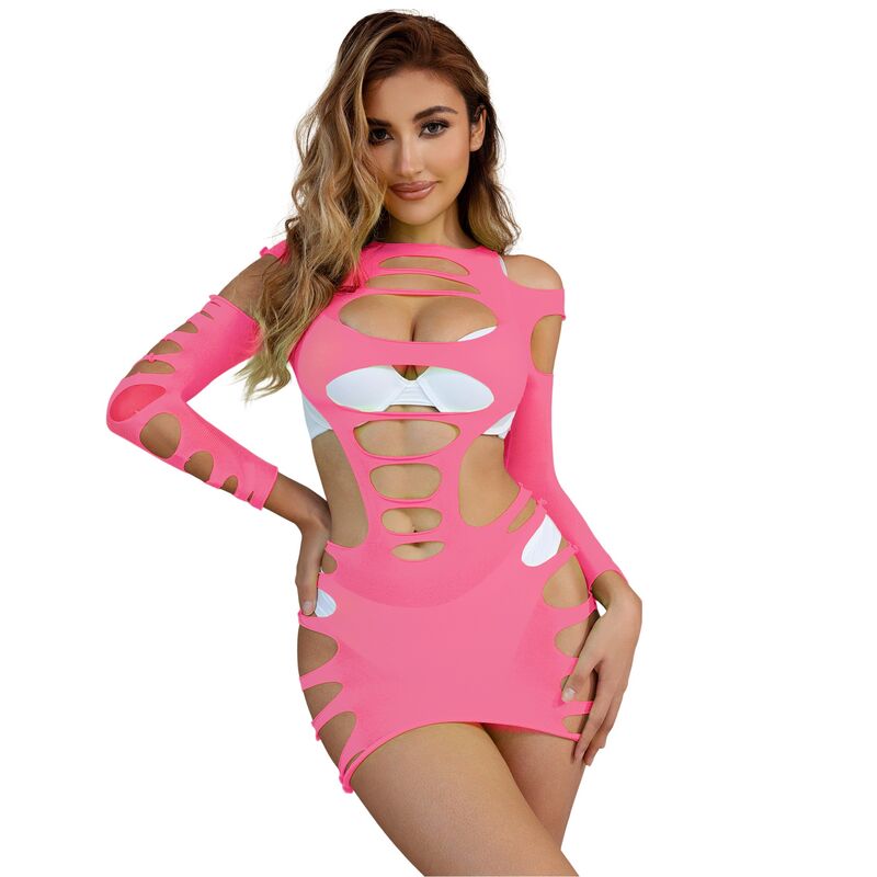 Vestido Sensual de Manga Larga Subblime - Encaje Fishnet Rosa