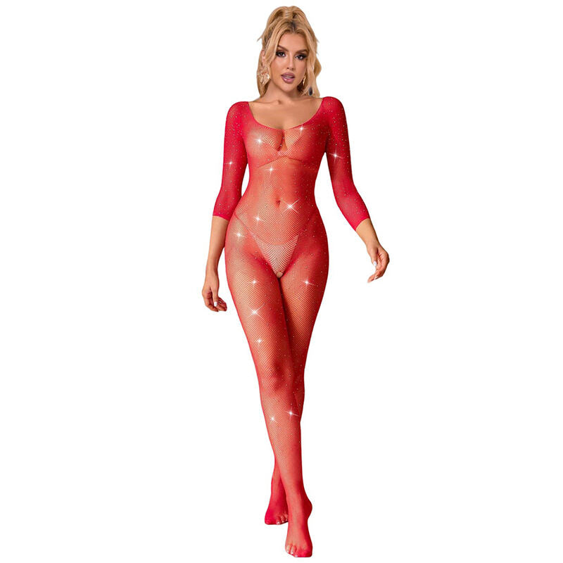 Bodystocking Fishnet Rojo con Diamantes Manga Larga XS/M