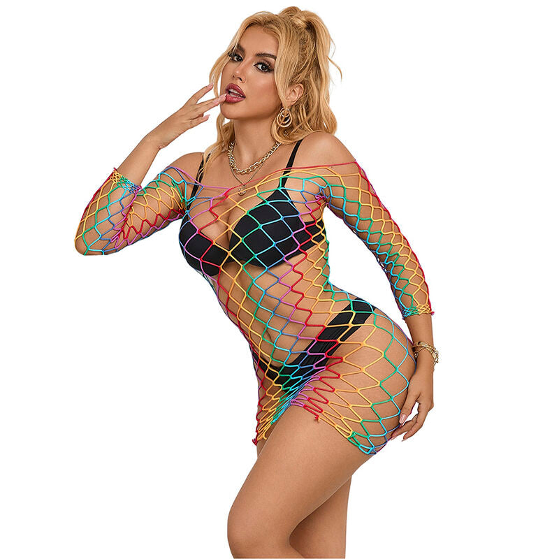 Subblime Rainbow Long Sleeve Fishnet Bodysuit - One Size