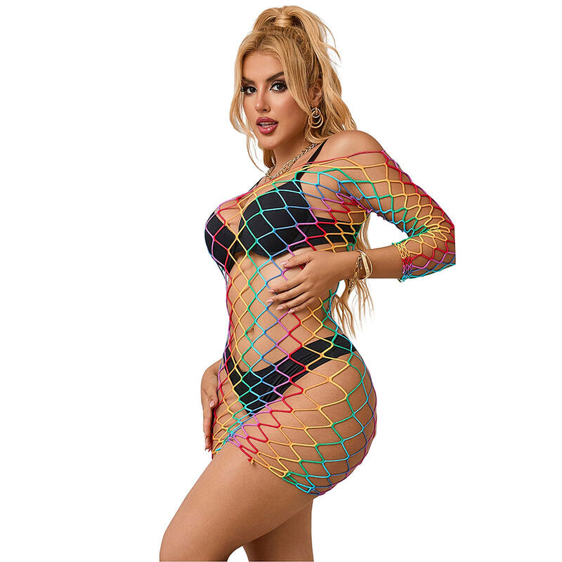 Subblime Rainbow Long Sleeve Fishnet Bodysuit - One Size