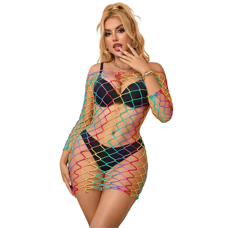 Subblime Rainbow Long Sleeve Fishnet Bodysuit - One Size