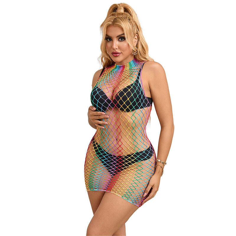 Subblime Rainbow High Neck Sleeveless Fishnet Bodystocking One Size