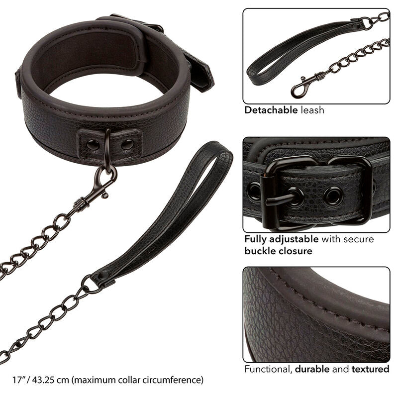 Nocturnal Collar & Leash - Juego de Cuero Ajustable Negro