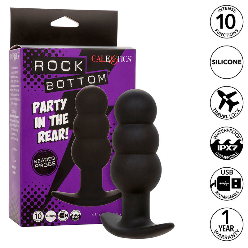 CalExotics Rock Bottom Beaded Anal Plug - 10 Vibraciones Silicona Negra