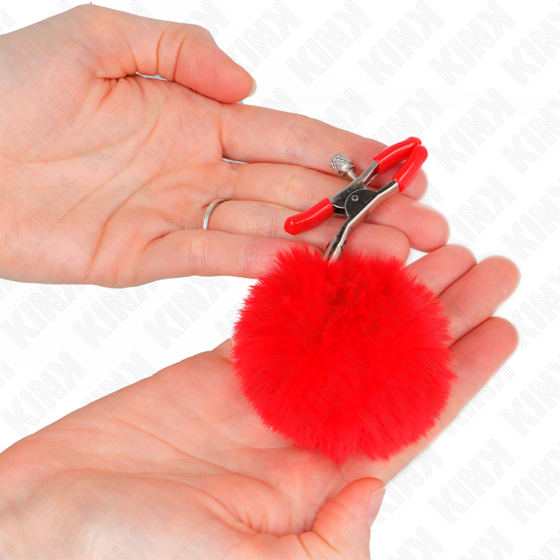Kink Faux Fur Ball Nipple Clamp Red - Pinzas Ajustables con Pompón