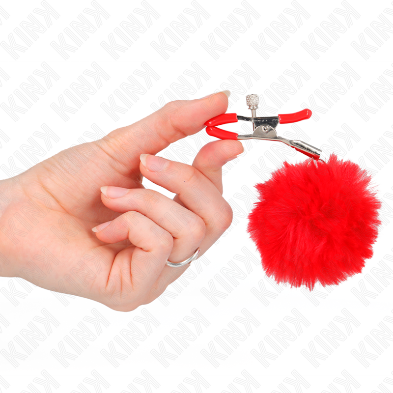 Kink Faux Fur Ball Nipple Clamp Red - Pinzas Ajustables con Pompón