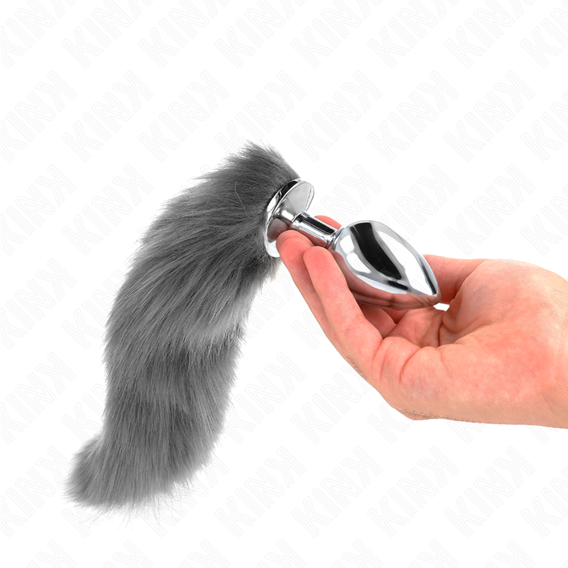 Kink Anal Plug Talla L con Cola Sintética 40 cm - Gris y Blanco