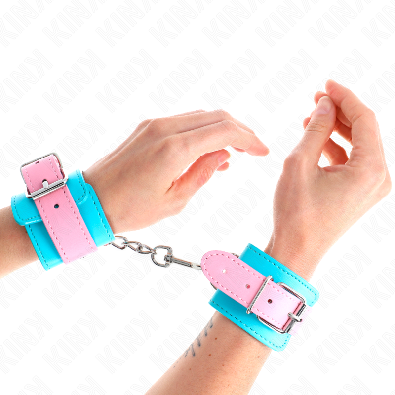 Kink Cute Wrist Restraints Azul y Rosa - Esposas Ajustables de Cuero