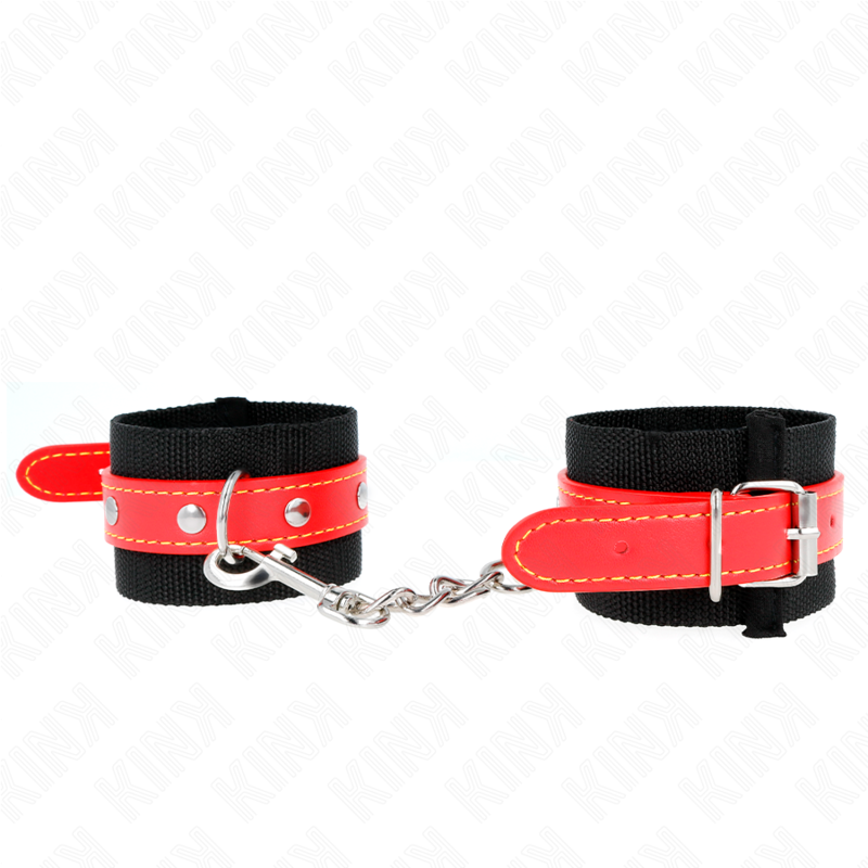 Esposas de Nylon Negro KINK con Detalles en Cuero Rojo - Ajustables 19-24 cm
