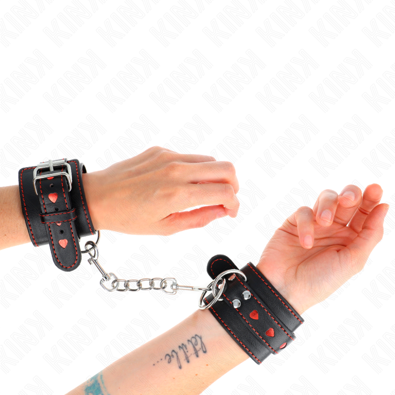 Esposas de Muñeca KINK Ajustables Negro con Incrustación Roja - Bondage de Calidad