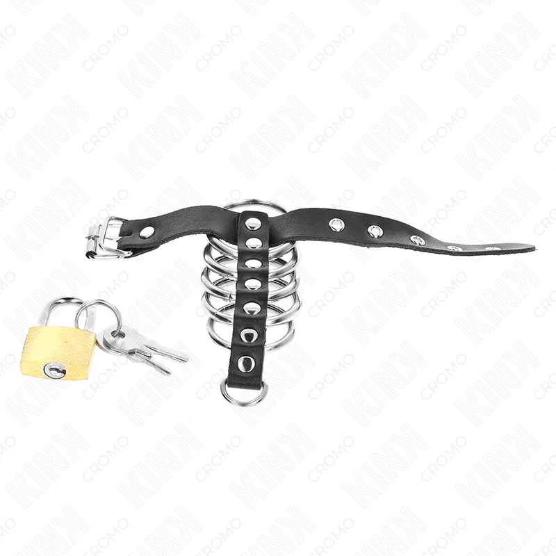 Anillo de Cuero para Pene con Correa de Cierre y 5 Aros Metálicos Ajustables