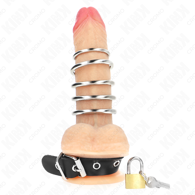 Anillo de Cuero para Pene con Correa de Cierre y 5 Aros Metálicos Ajustables