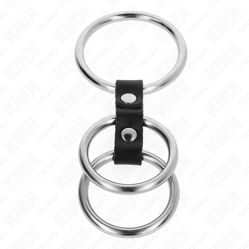 Kink Triple Metal Penis Ring 3.7-5 cm con Cuero Rojo - Anillo BDSM Ajustable