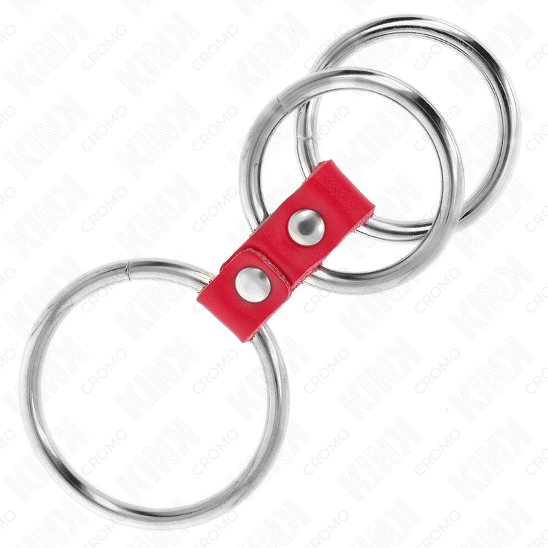 Kink Triple Metal Penis Ring 3.7-5 cm con Cuero Rojo - Sistema BDSM Completo