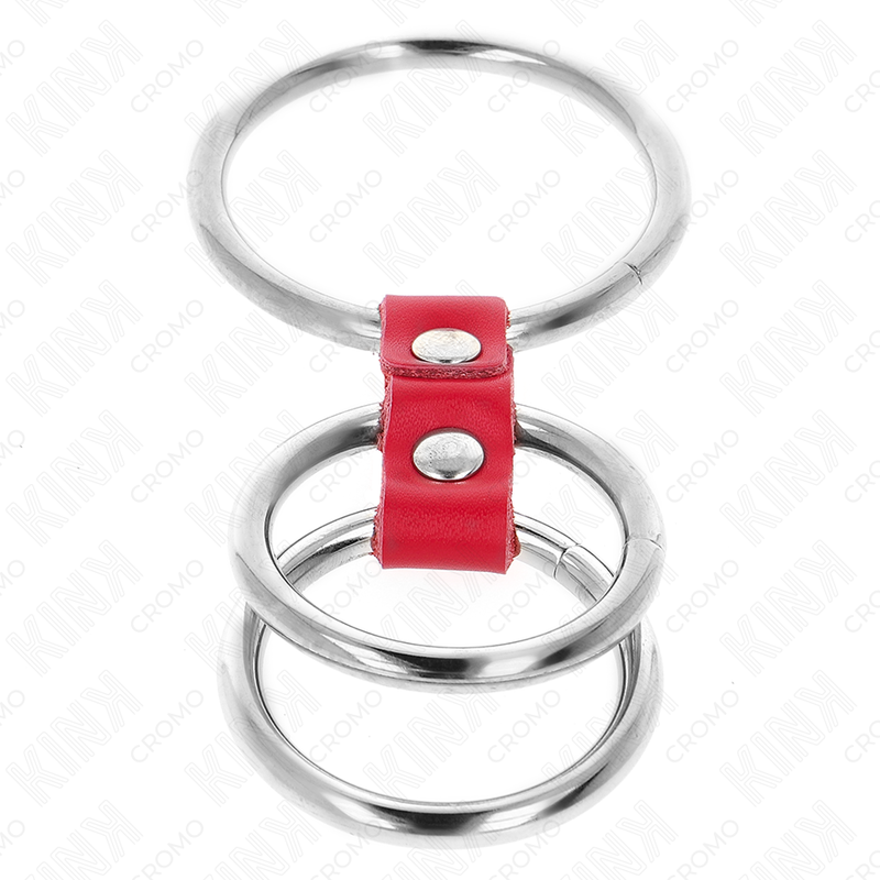 Kink Triple Metal Penis Ring 3.7-5 cm con Cuero Rojo - Sistema BDSM Completo