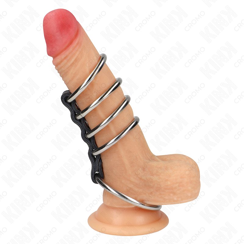 Kink Ring Power - Set de 5 Anillos de Pene Metal 3,7-5 cm con Correa Piel