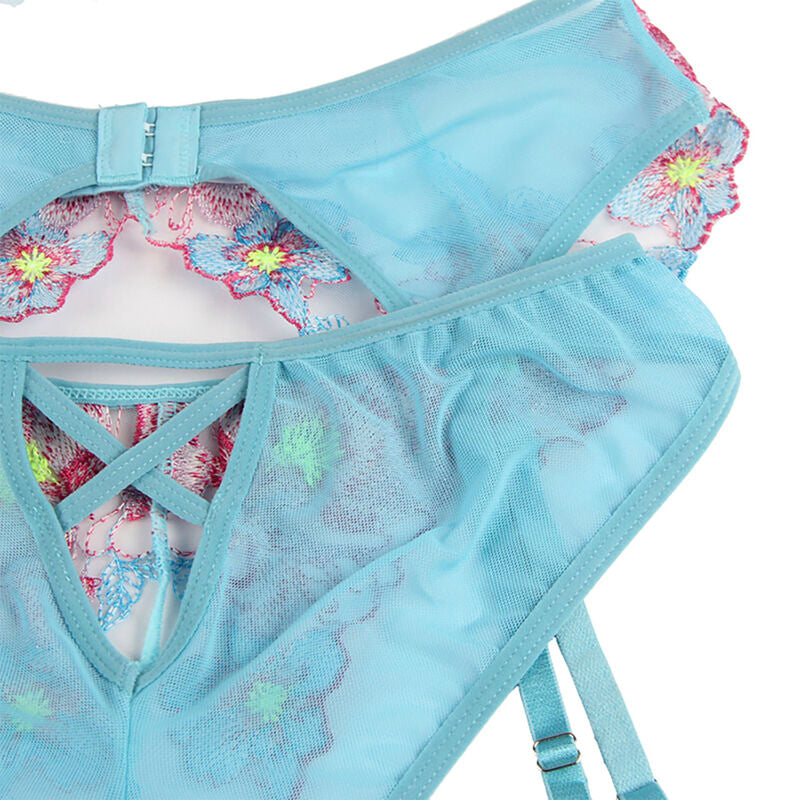 Subblime Set Lencería Floral con Liguero - Sujetador y Braguita Encaje Azul S/M