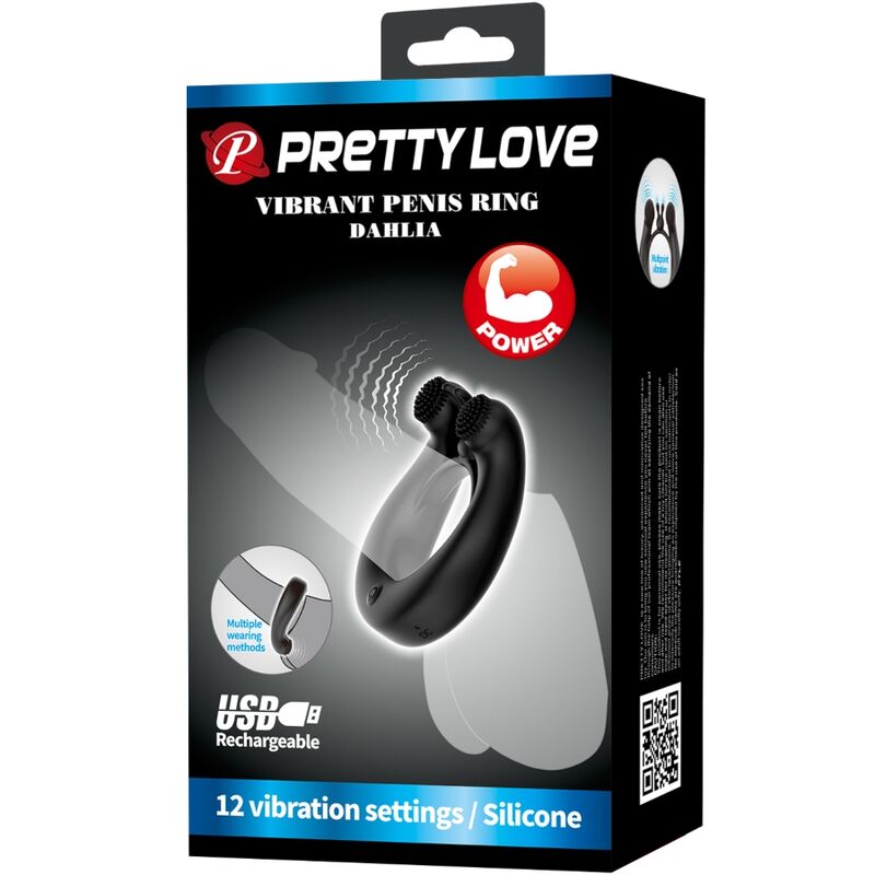 Pretty Love Dahlia - Anillo Vibrador con Estimulador de Clítoris 12 Vibraciones Negro