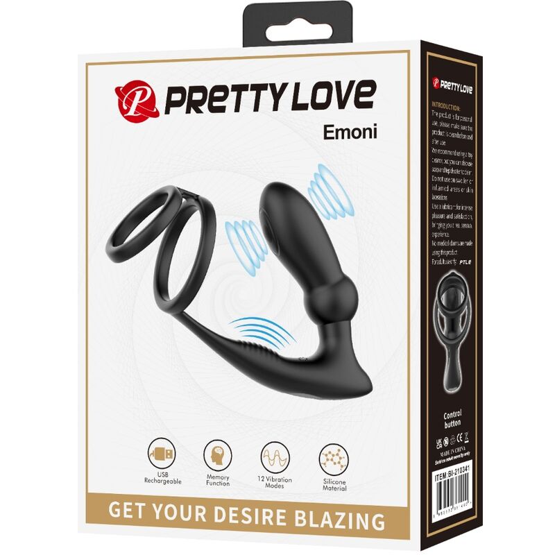 Pretty Love Emoni - Anillo Peneano + Plug Anal 12 Vibraciones Negro