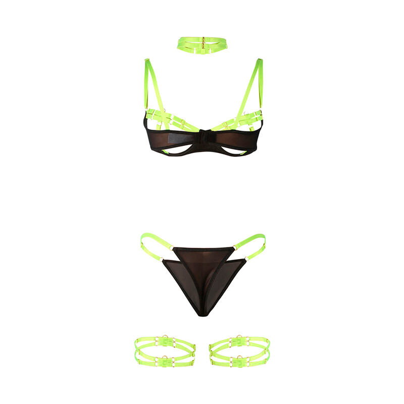 Conjunto de Lencería Subblime Verde Fluorescente con Detalles de Collar y Piernas S/M