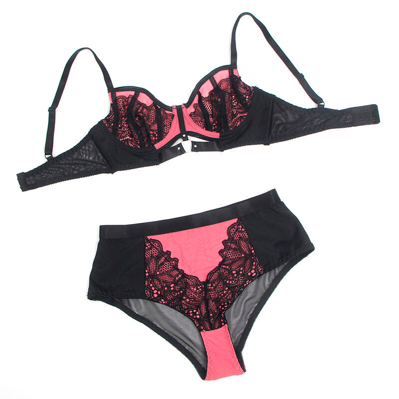 Conjunto de Lencería Rosa Push-Up Subblime con Encaje y Malla - Talla L/XL