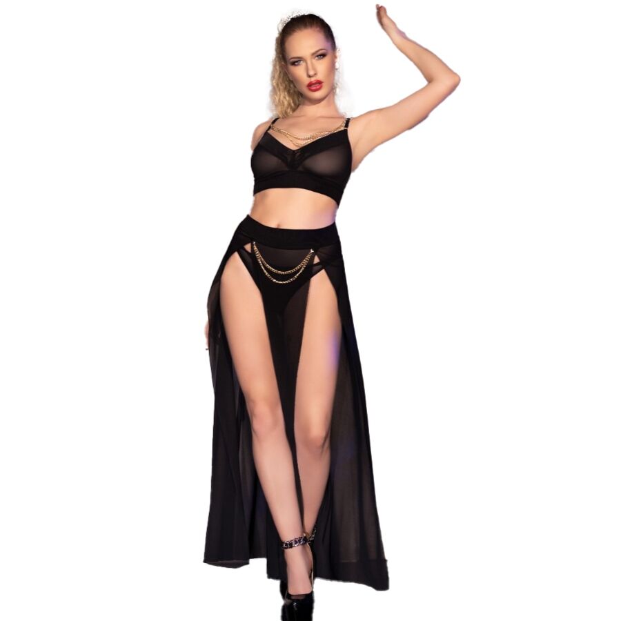 Chilirose CR 4672 Conjunto Sensual Negro con Cadenas Doradas Desmontables - Talla L