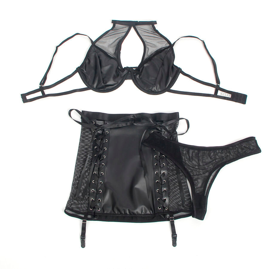 Conjunto Lencería Subblime Cuero y Malla con Cremallera - Negro L/XL
