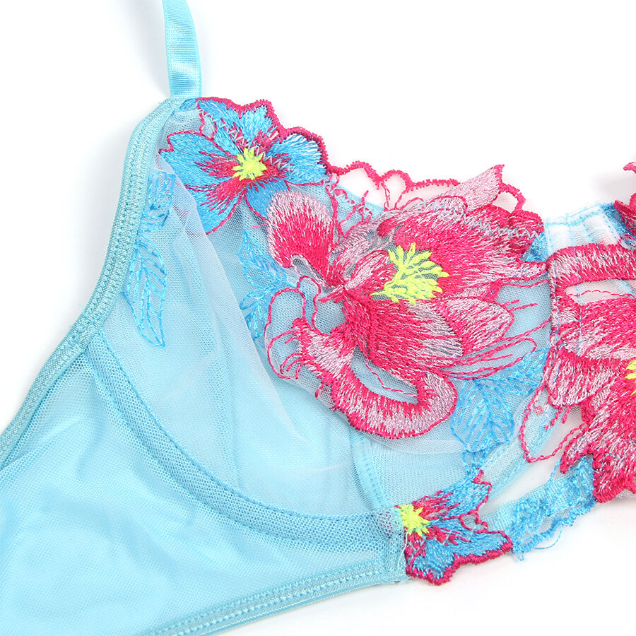 Conjunto Sujetador y Liguero Bordado Flores Rosa S/M - Subblime