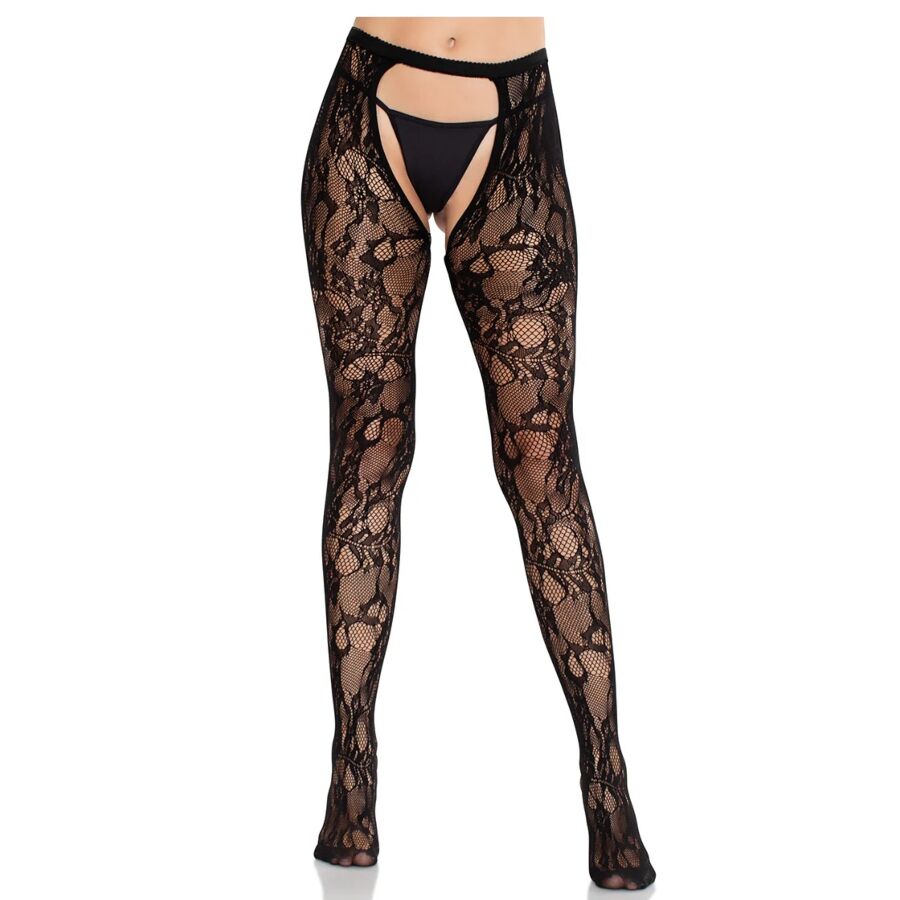 Leg Avenue Rose Lace Stockings - Medias Negras con Abertura Trasera