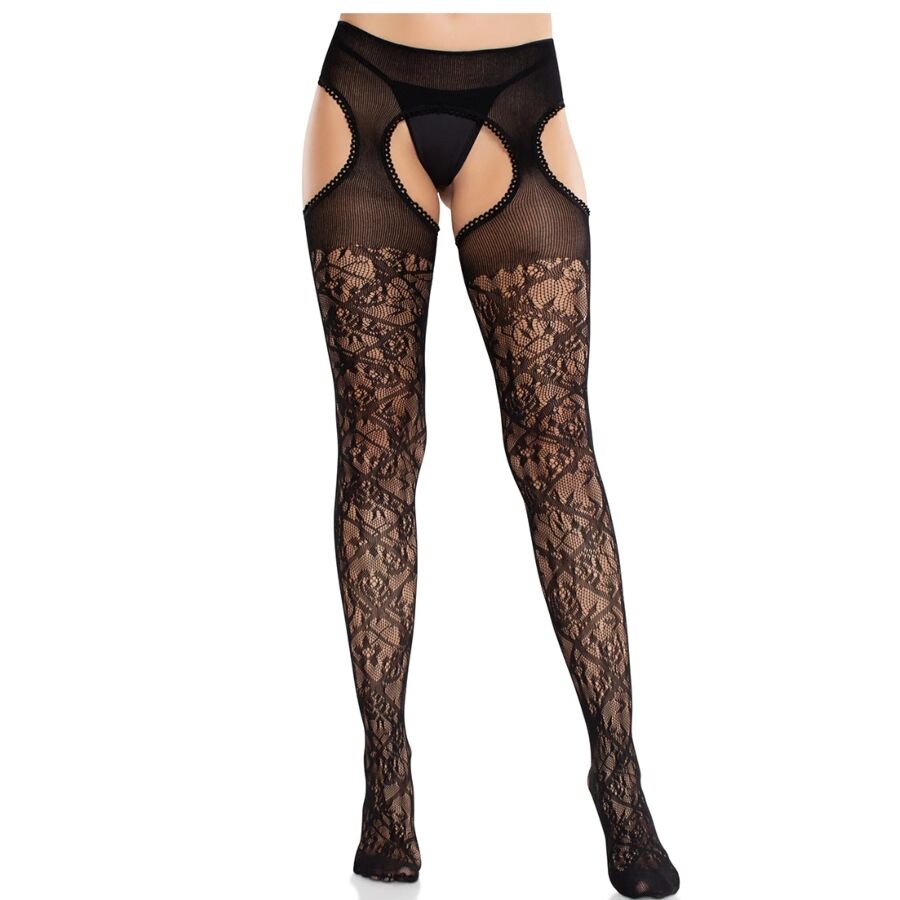 Leg Avenue Medias de Encaje Floral con Ligas - Negro