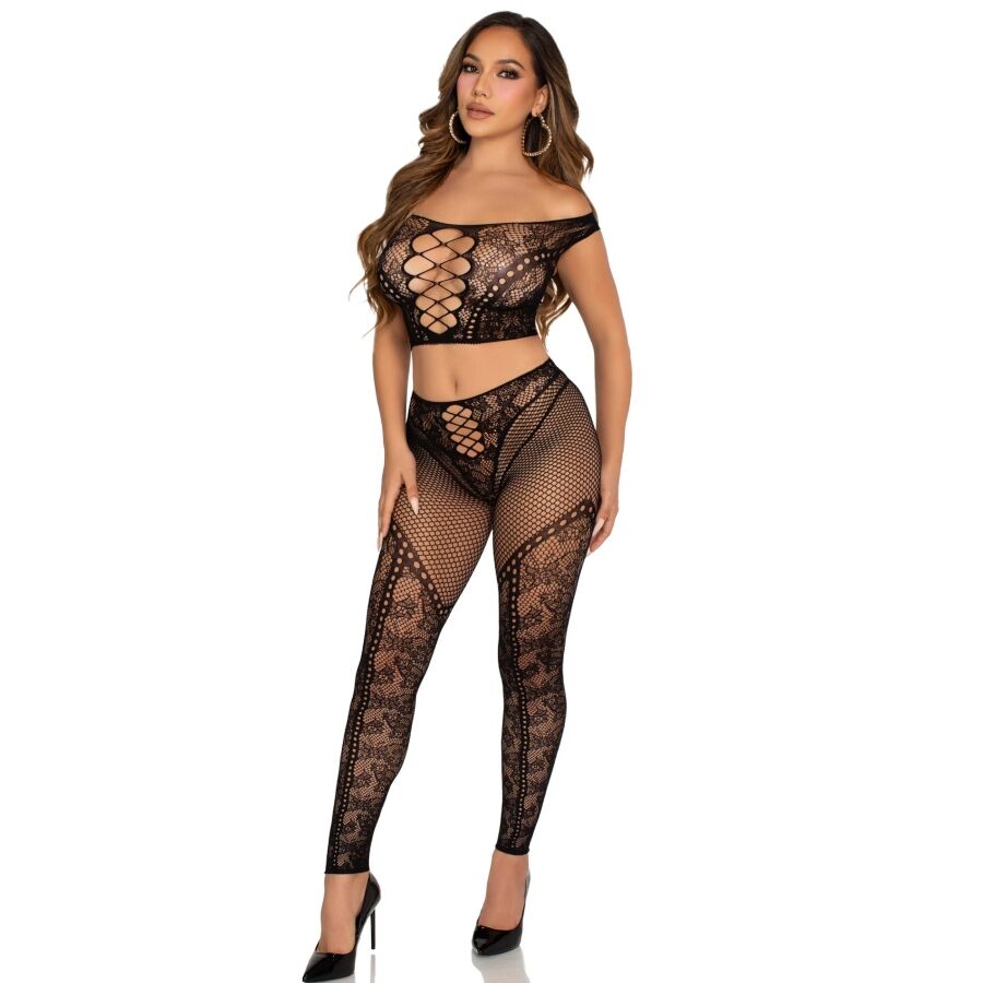 Leg Avenue Crop Top y Leggings de Red Negra - Hombros Descubiertos