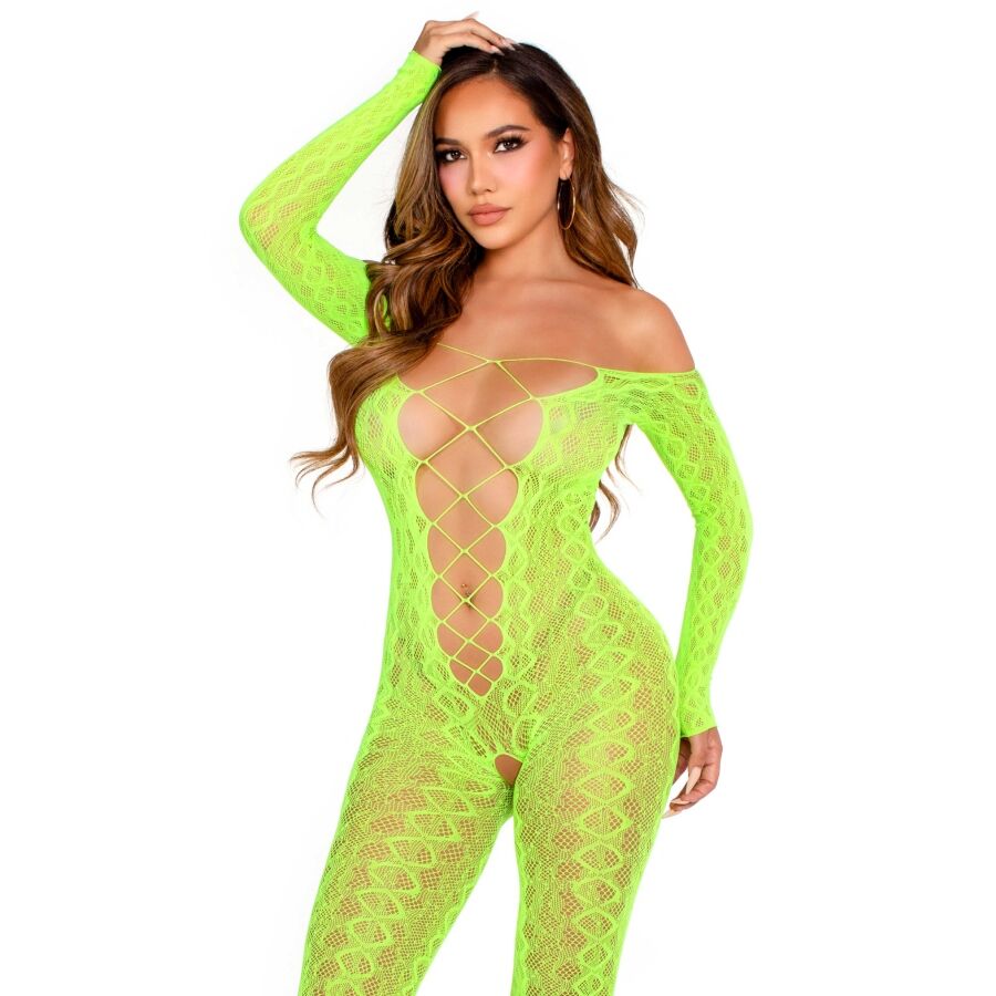Leg Avenue Bodystocking Encaje Serpiente Crotchless Verde Neón
