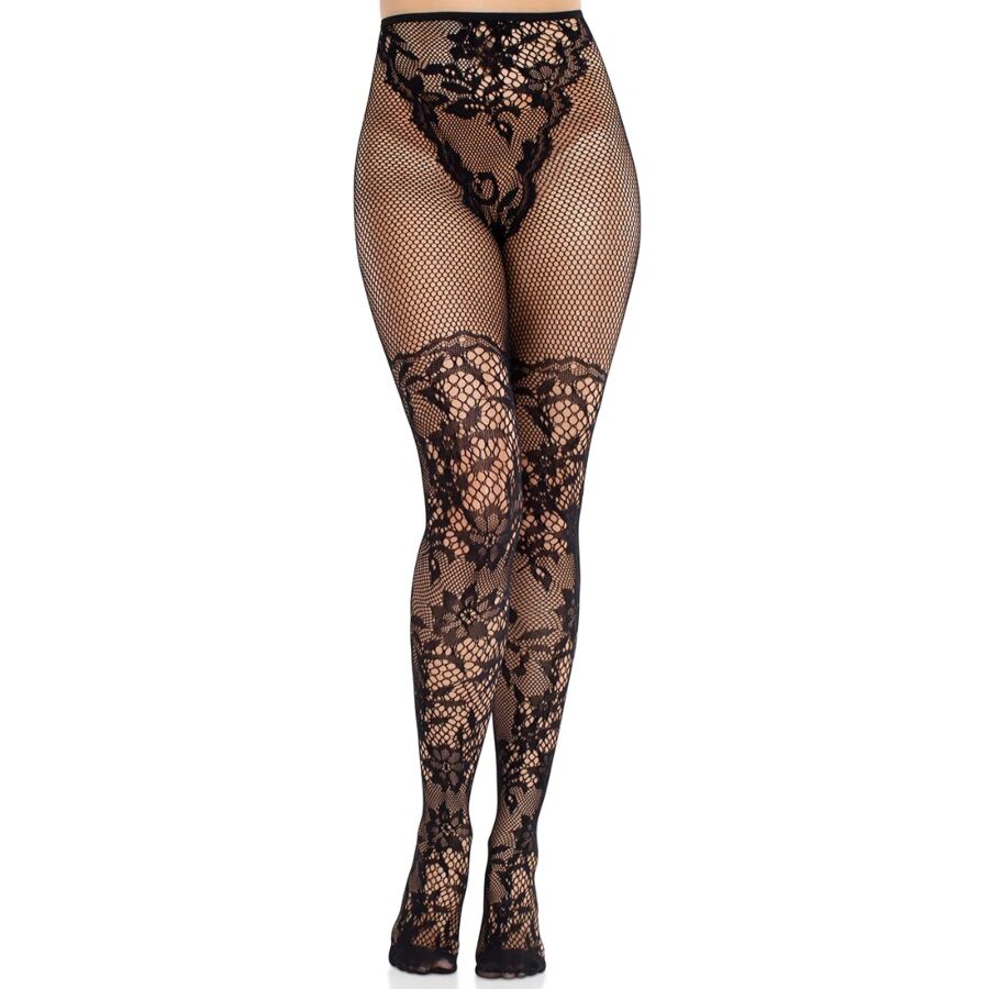 Dahlia Lace Stockings with Net Detail - Medias Negras Elegantes