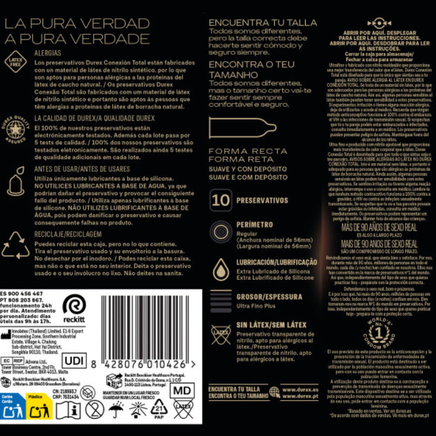 Durex Total Connection XL Ultra Fine Plus - Preservativos sin Látex Natural (10 unidades)