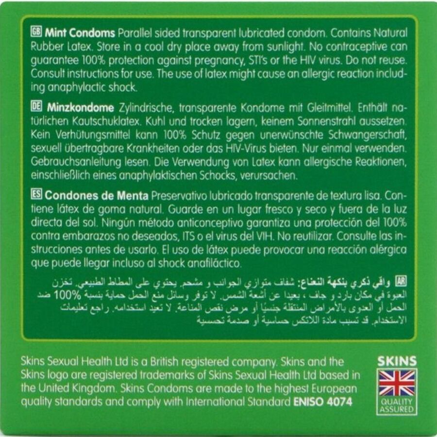 Skins Mint Premium Condoms Pack 4 - Preservativos con Sabor a Menta