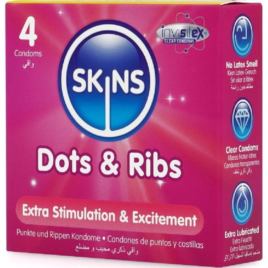 Skins Dots & Ribs Premium Condoms Pack 4 - Preservativos con Textura Innovadora