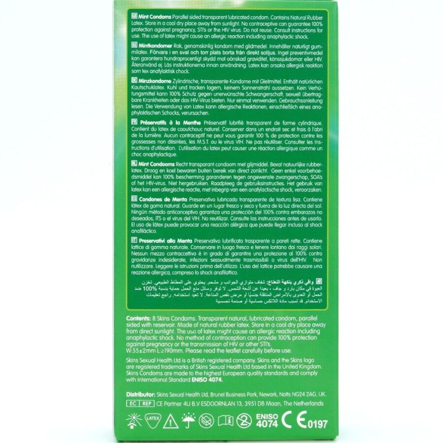 Skins Mint Premium Condoms Pack 8 - Preservativos Sabor Menta