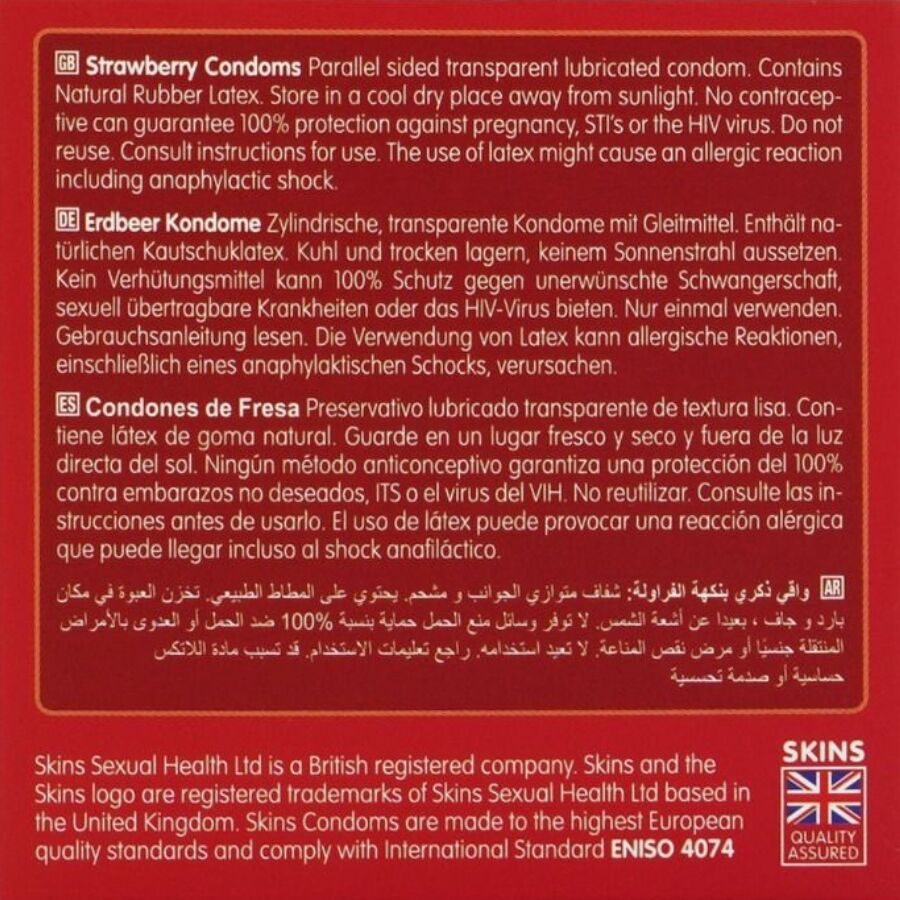 SKINS Strawberry Premium Condoms Pack 4 - Preservativos con Sabor a Fresa