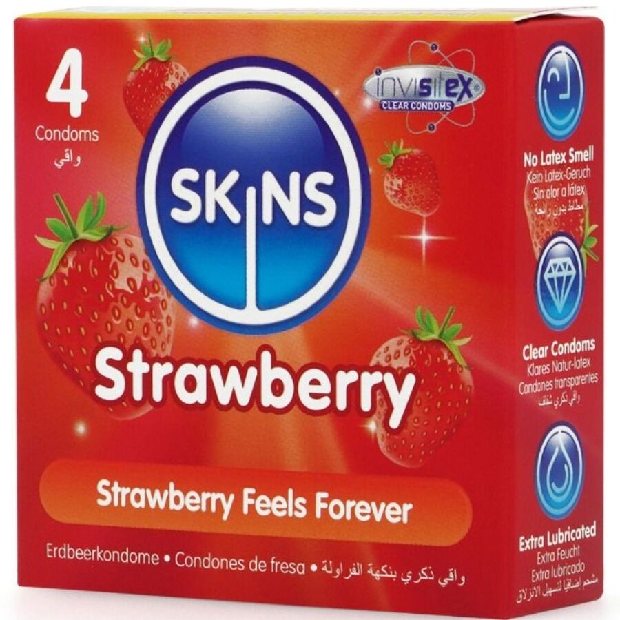 SKINS Strawberry Premium Condoms Pack 4 - Preservativos con Sabor a Fresa