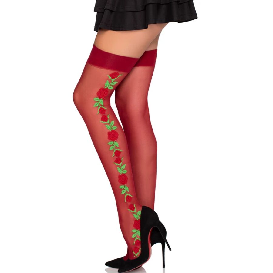 Leg Avenue Medias de Liguero 1957 con Flores Rojas - Talla Única