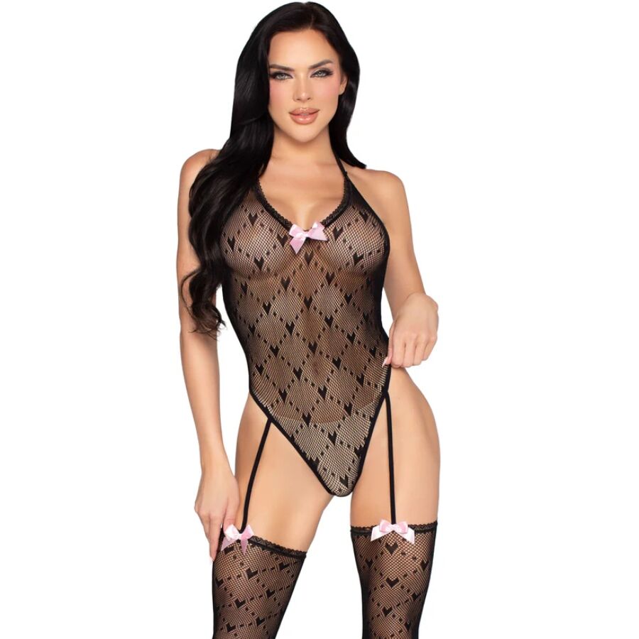 Leg Avenue Body Abierto con Liguero Negro - Encaje a Lunares