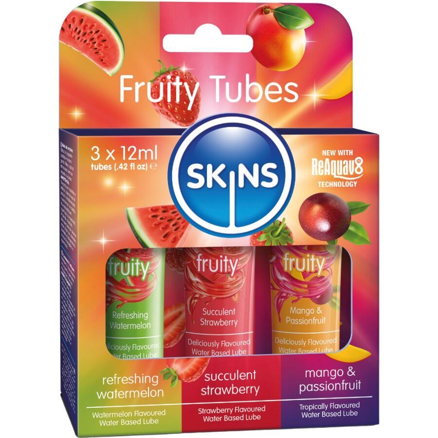 Skins Fruity Lubes Kit - 3 Lubricantes Sabor Sandía, Fresa y Mango 12ml