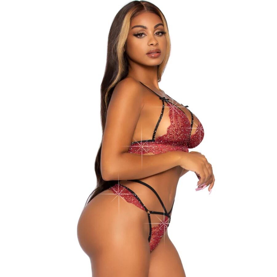 Leg Avenue Conjunto Lencería Bralette Encaje Pedrería Burgundy Talla L