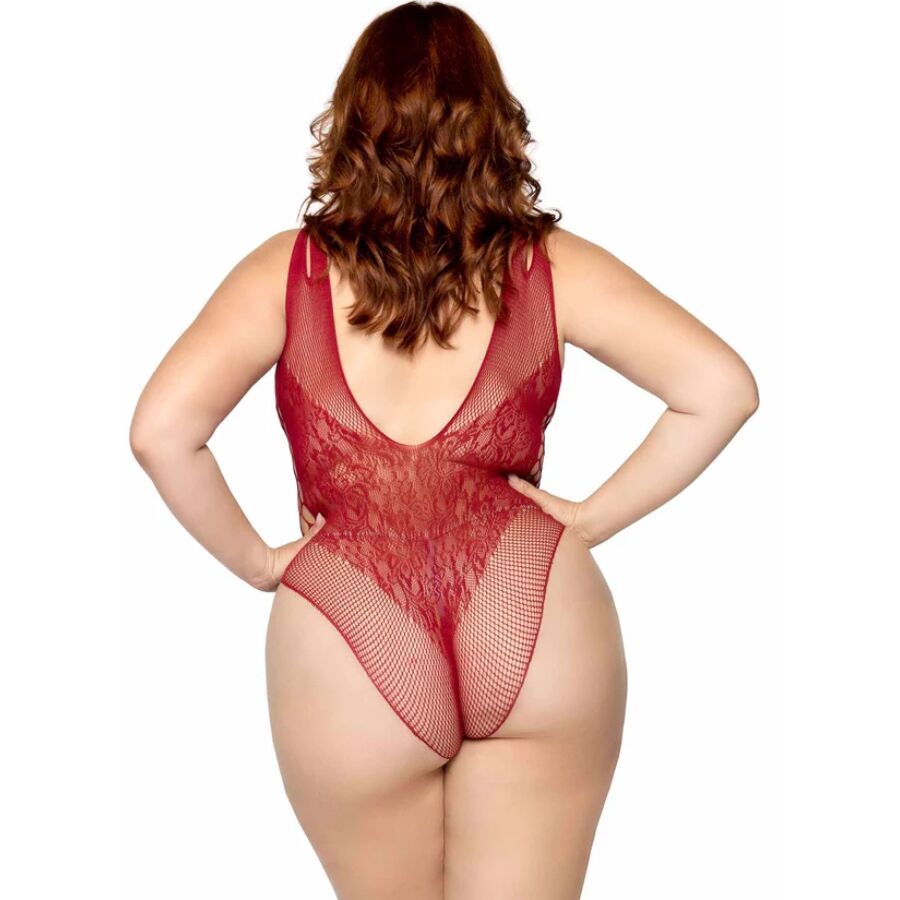 Leg Avenue Dangerous Curves Plus Bodysuit Burgundy 1X/2X - Teddy de Encaje y Red